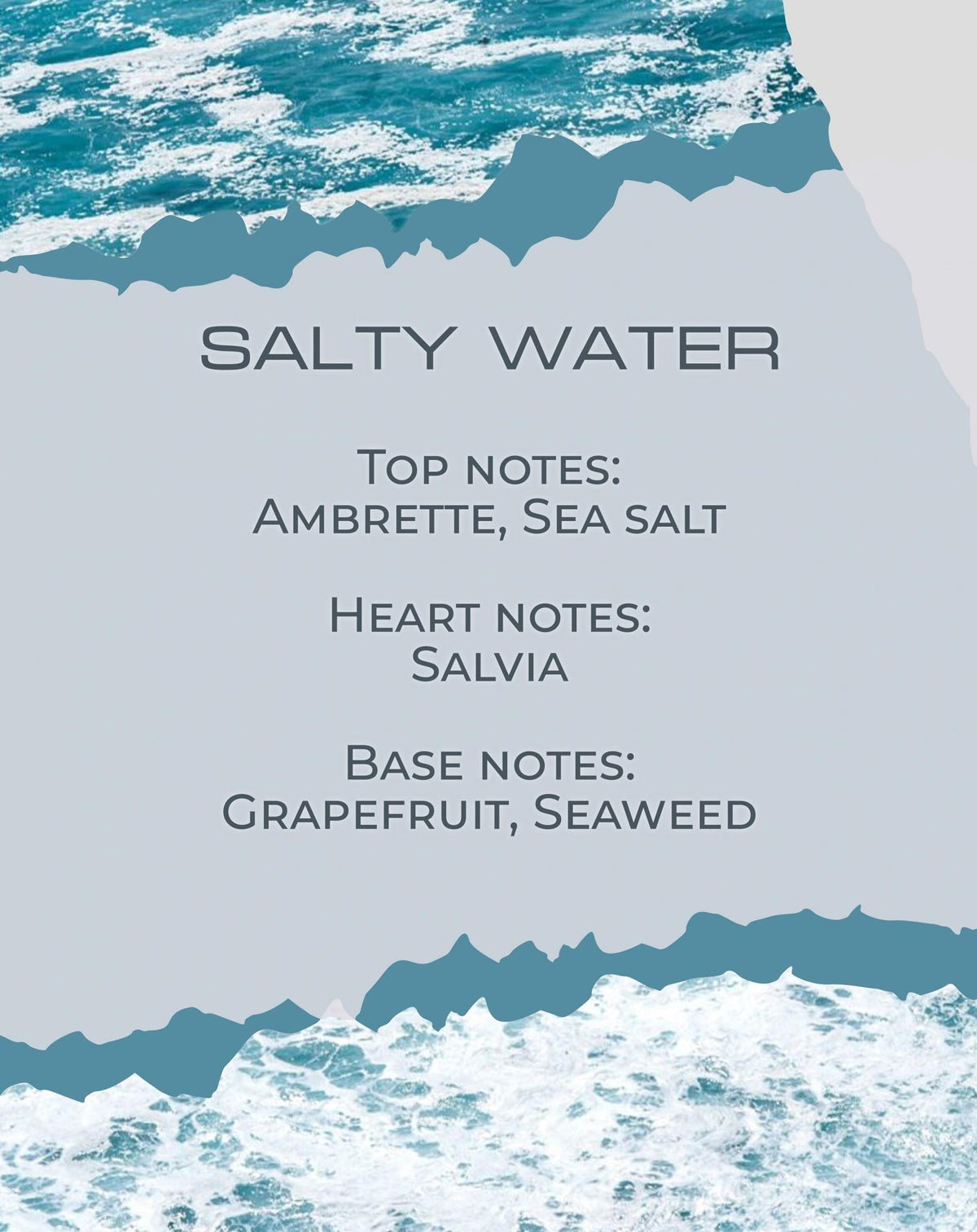 Πυραμίδα αρωματικών νοτών Salty Water — κορυφή αμπρέτα και θαλασσινό αλάτι, καρδιά φασκόμηλο, βάση γκρέιπφρουτ και φύκια