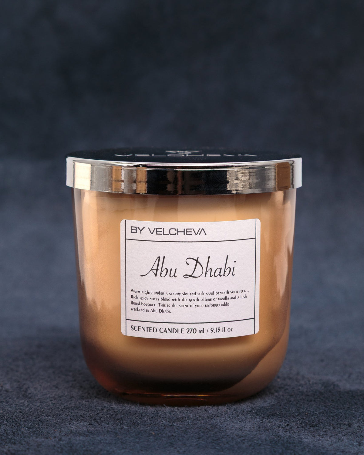 Limited edition αρωματικό κερί Abu Dhabi BY VELCHEVA, γυάλινο δοχείο 270ml με μεταλλικό καπάκι