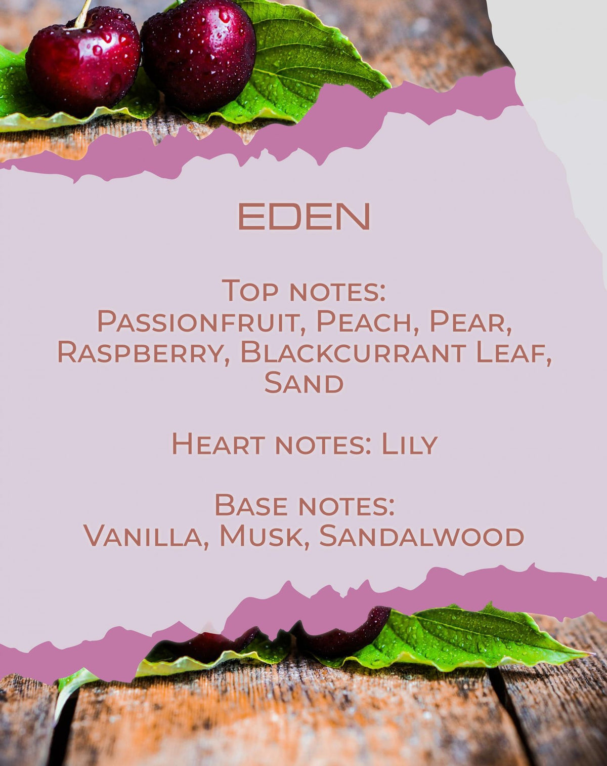 Αρωματικές νότες Eden — κορυφή φρούτο του πάθους, ροδάκινο, αχλάδι, σμέουρο, φύλλο μαύρης σταφίδας και άμμος, καρδιά κρίνος, βάση βανίλια, μόσχος και σανδαλόξυλο