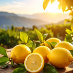 Φρέσκα λεμόνια με φύλλα σε ηλιόλουστο περιβόλι — το άρωμα του αιθέριου ελαίου Lemon