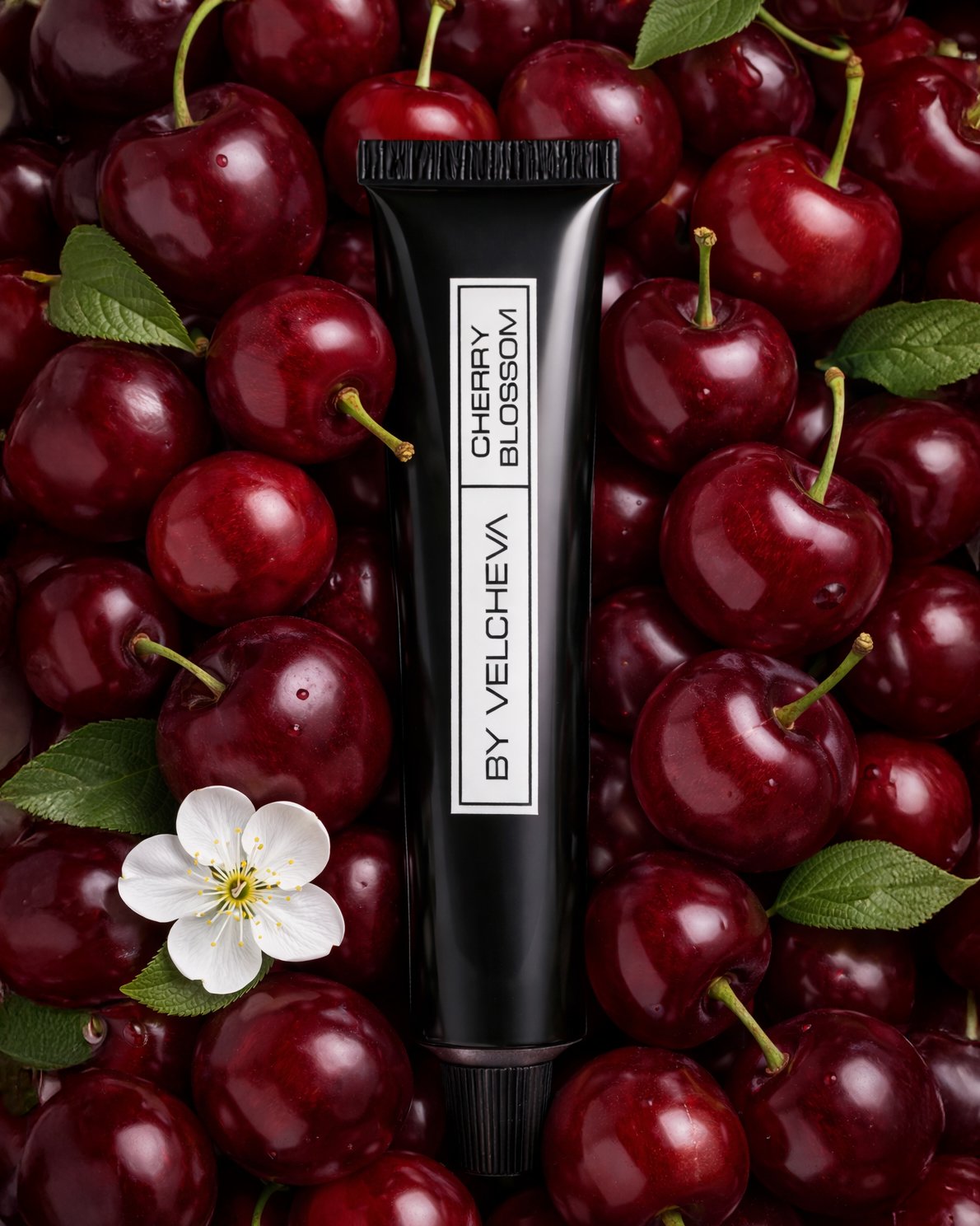 Κρέμα χεριών Cherry Blossom ByVelcheva πάνω σε φρέσκα κεράσια με άνθος κερασιάς