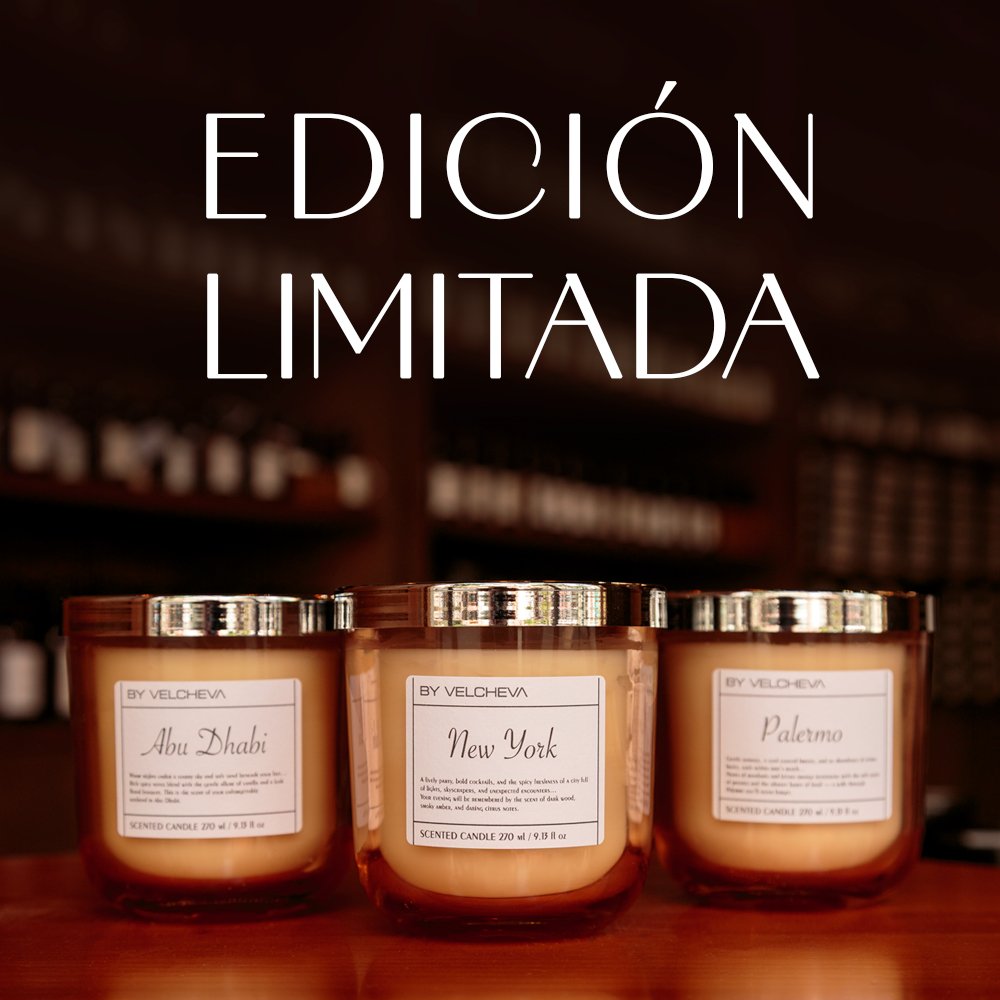 Συλλογή Limited Edition ByVelcheva — αρωματικά κεριά Abu Dhabi, New York και Palermo σε γυάλινα δοχεία με ασημί καπάκι