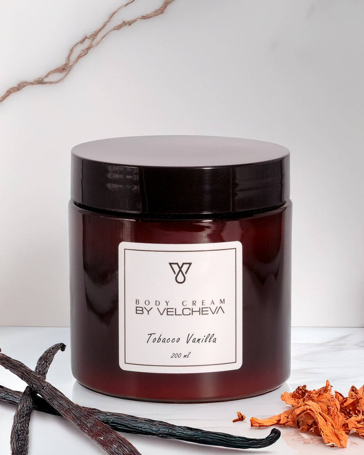 Κρέμα σώματος Tobacco Vanilla BY VELCHEVA, βάζο amber 200ml με κόκκους βανίλιας και φύλλα καπνού