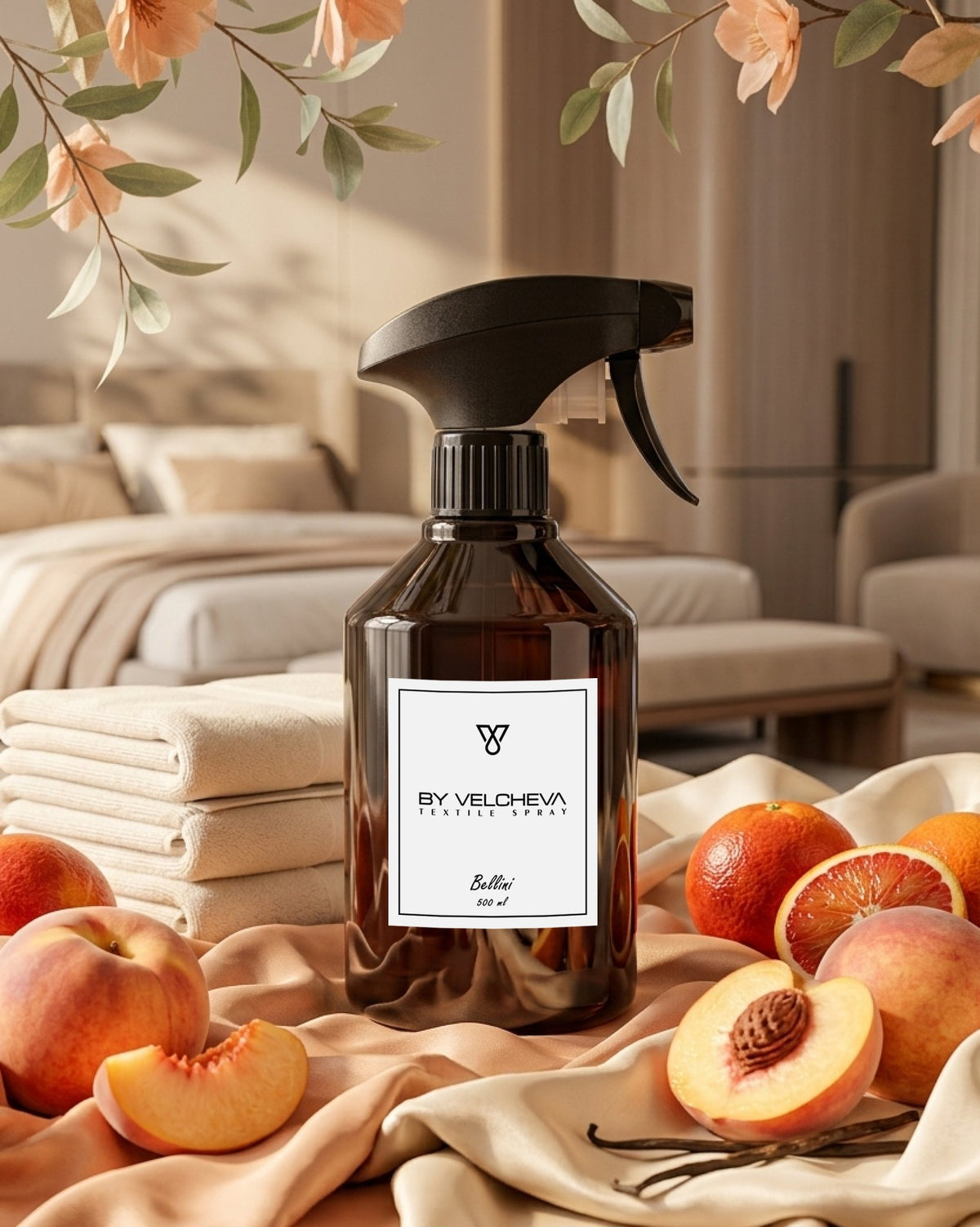 Σπρέι υφασμάτων Bellini BY VELCHEVA, με ροδάκινο, σαγκουίνι και βανίλια, μπουκάλι 500ml